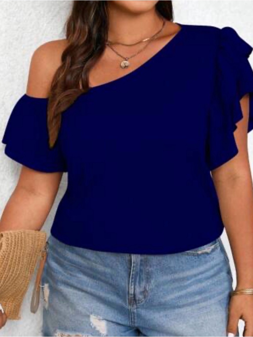 SHEIN Navy Blue Ruffle One Shoulder Short Sleeve Top